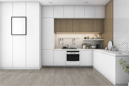 Smokey York Gray luxury plank flooring in natural modern kitchen